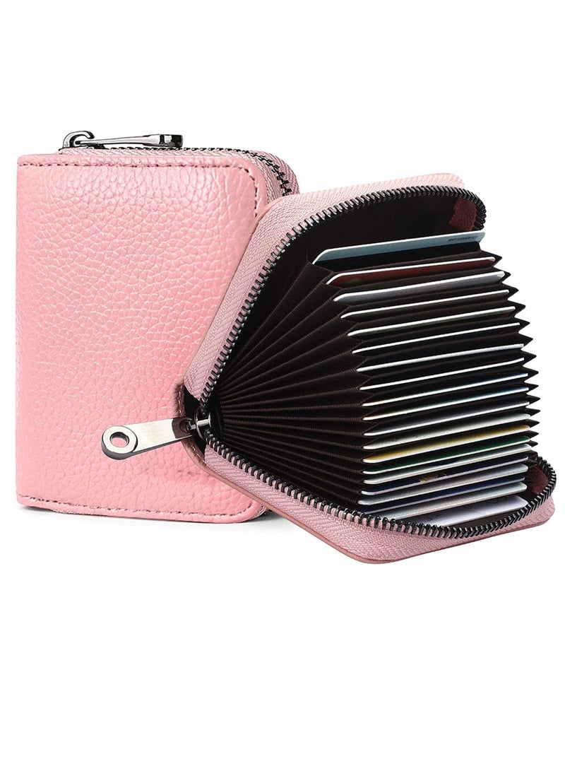 Peachjoy Card Cases, RFID 20 Card Slots Credit Card Holder Genuine Leather Small Card Case for Women or Men Accordion Wallet with Zipper, Pink, 3.3 Inch - Image 1