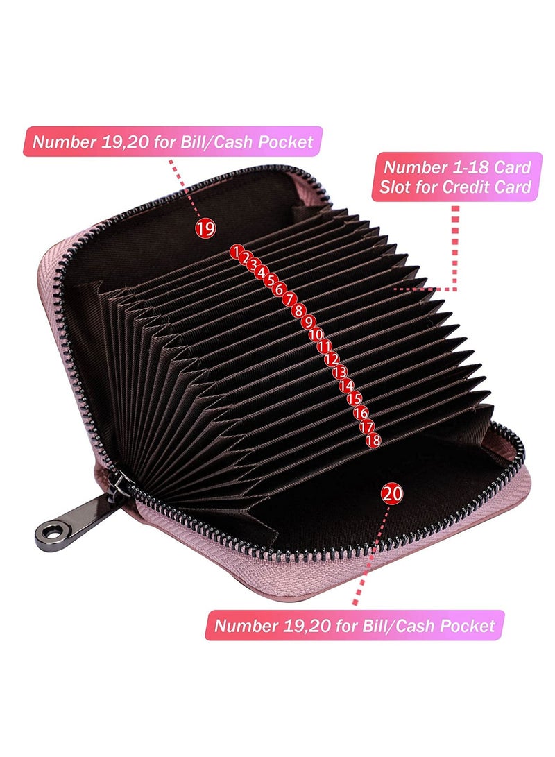 Peachjoy Card Cases, RFID 20 Card Slots Credit Card Holder Genuine Leather Small Card Case for Women or Men Accordion Wallet with Zipper, Pink, 3.3 Inch - Image 2