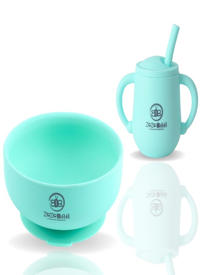 ZoZoBaa Silicone Baby Bowl & Toddlers Training Straw Cup | Strong Suction Base Bowl | Easy Grip Handles, 3 in 1-Open, Feeding & Sippy Cup for Kids | BLW & First Stage Feeding Set | Pack of 2, Green - Image 1