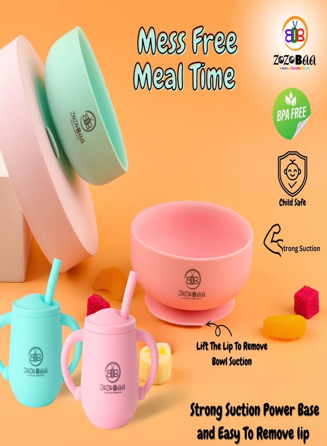 ZoZoBaa Silicone Baby Bowl & Toddlers Training Straw Cup | Strong Suction Base Bowl | Easy Grip Handles, 3 in 1-Open, Feeding & Sippy Cup for Kids | BLW & First Stage Feeding Set | Pack of 2, Green - Image 5
