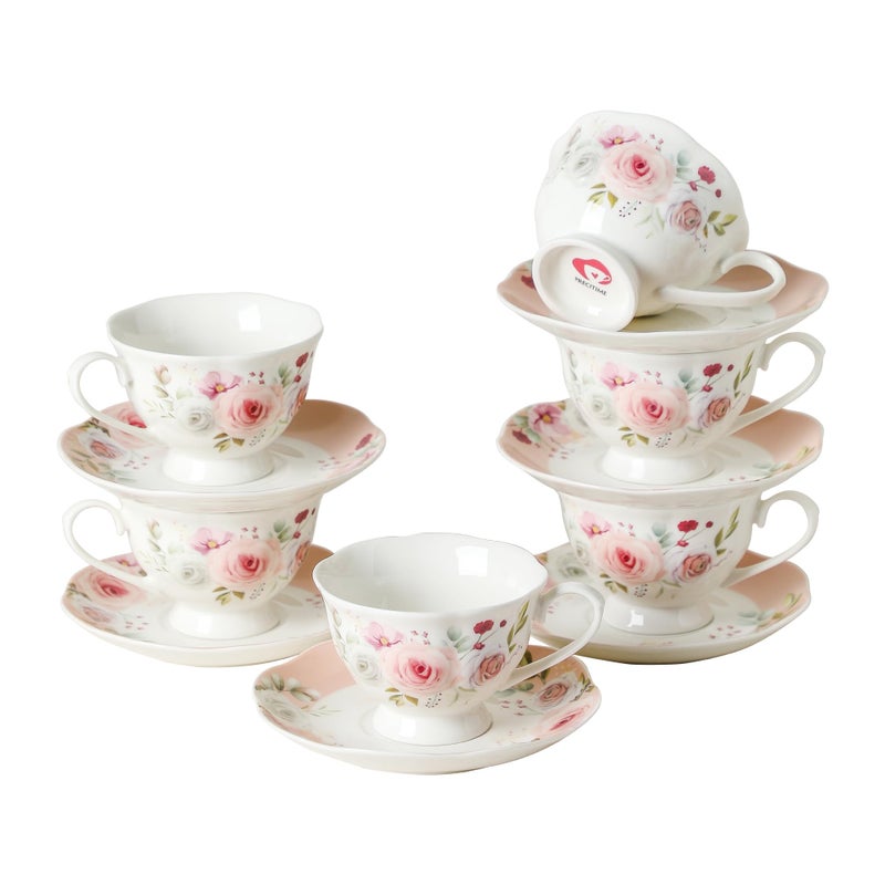 PRECITIME Floral Porcelain Tea Cup Set of 6 (12-Piece), 6 Cups & 6 Saucers with Rose Pattern, 6oz Scalloped Edge Coffee Cups, Dishwasher & Microwave Safe, Elegant Gift - Image 1