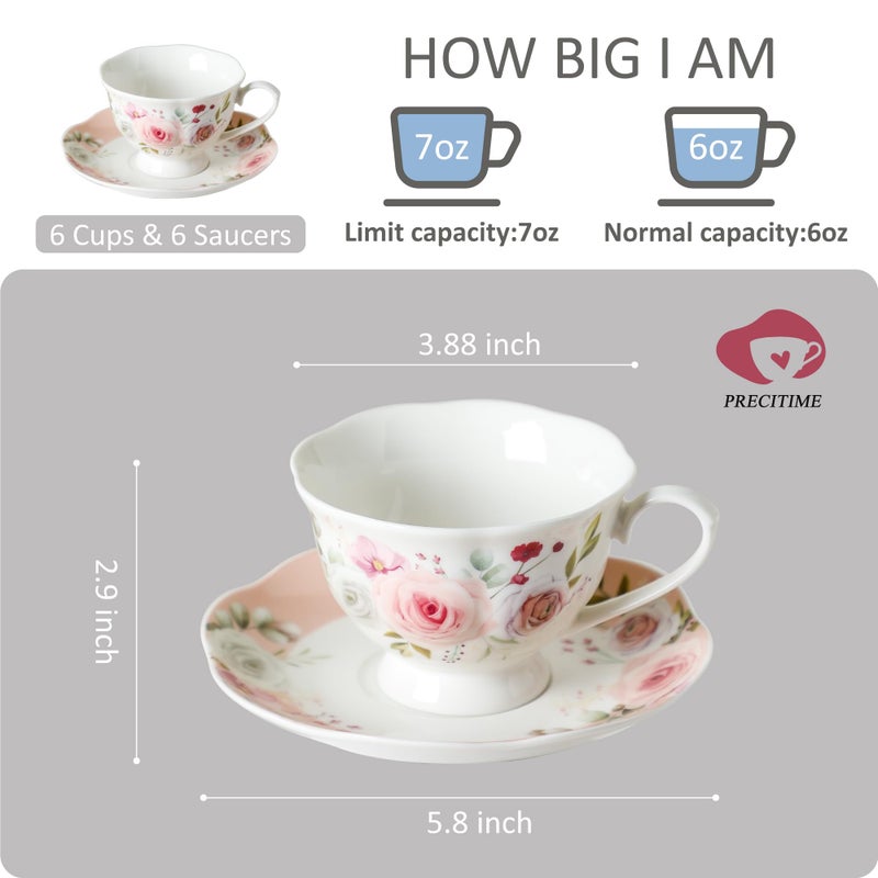 PRECITIME Floral Porcelain Tea Cup Set of 6 (12-Piece), 6 Cups & 6 Saucers with Rose Pattern, 6oz Scalloped Edge Coffee Cups, Dishwasher & Microwave Safe, Elegant Gift - Image 2