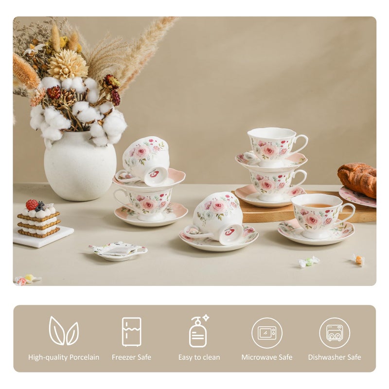 PRECITIME Floral Porcelain Tea Cup Set of 6 (12-Piece), 6 Cups & 6 Saucers with Rose Pattern, 6oz Scalloped Edge Coffee Cups, Dishwasher & Microwave Safe, Elegant Gift - Image 3