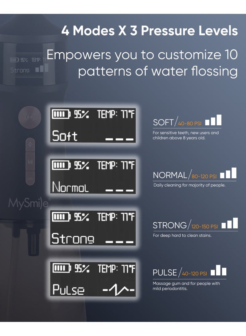 MySmile LP221 UVC Sterilizable Cordless Water Flossers for Teeth 335ML Portable OLED Display Dental Flosser with 4 Modes 8 Jet Tips and a Storage Pouch for Home and Travel (Black + White) - Image 4