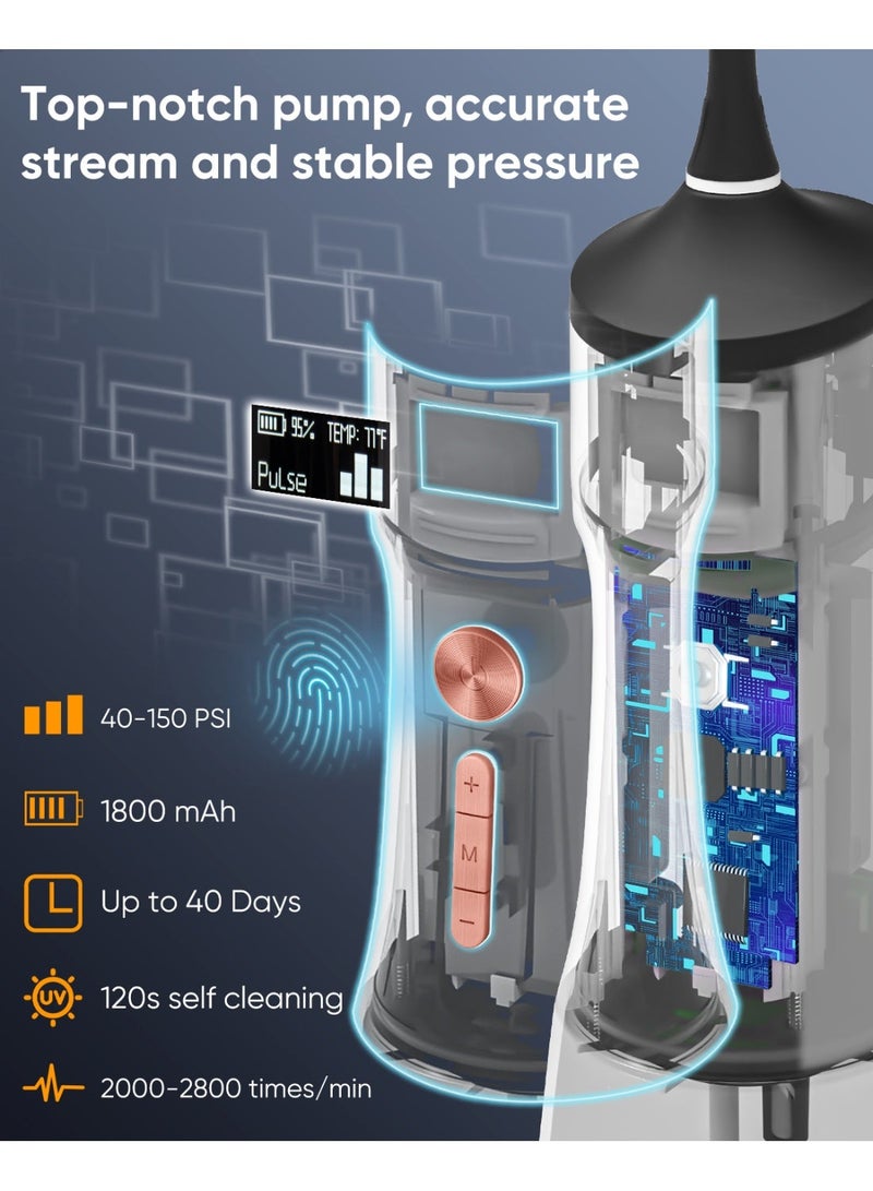 MySmile LP221 UVC Sterilizable Cordless Water Flossers for Teeth 335ML Portable OLED Display Dental Flosser with 4 Modes 8 Jet Tips and a Storage Pouch for Home and Travel (Black + White) - Image 3