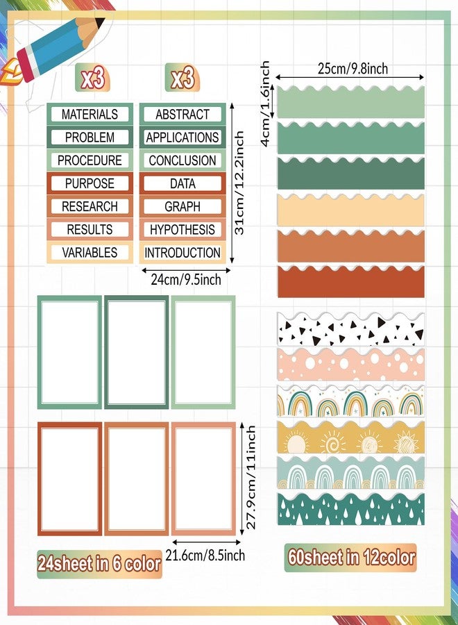 Fuyoooo 90 Pcs Science Fair Board Supplies 60 Trim Scalloped Bulletin Board Borders 24 Presentation Board Subtitles 6 Science Fair Titles for Classroom Display Boards(Geen Boho) - Image 2