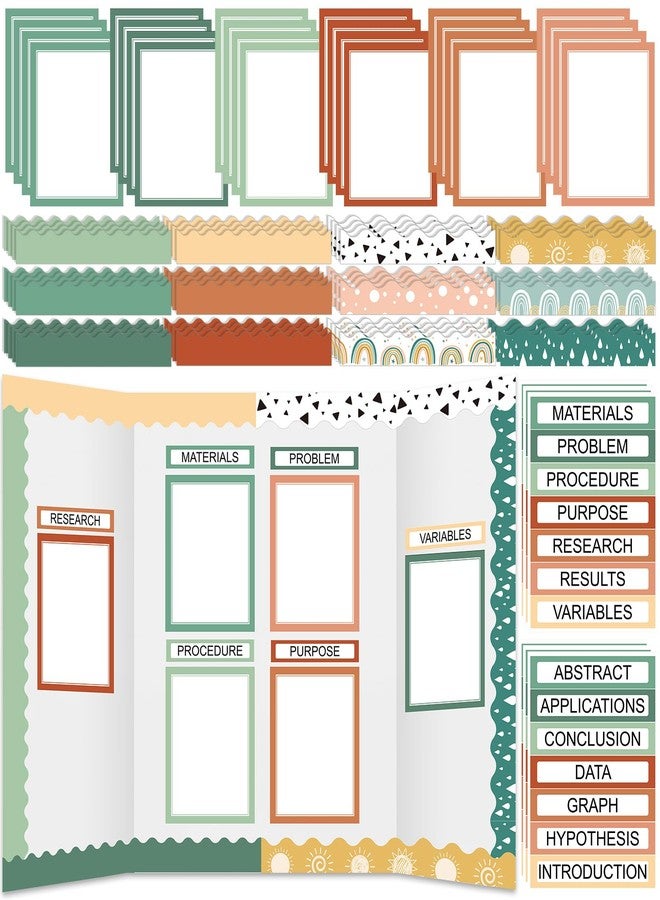 Fuyoooo 90 Pcs Science Fair Board Supplies 60 Trim Scalloped Bulletin Board Borders 24 Presentation Board Subtitles 6 Science Fair Titles for Classroom Display Boards(Geen Boho) - Image 1
