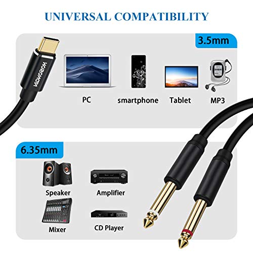 HOSONGIN USB C to 1/4" Audio Cable, Type-C to Dual 6.35mm TS Splitter for iPhone, MacBook, Galaxy, Mixer, Amp, Speaker, 6 Feet - Image 2