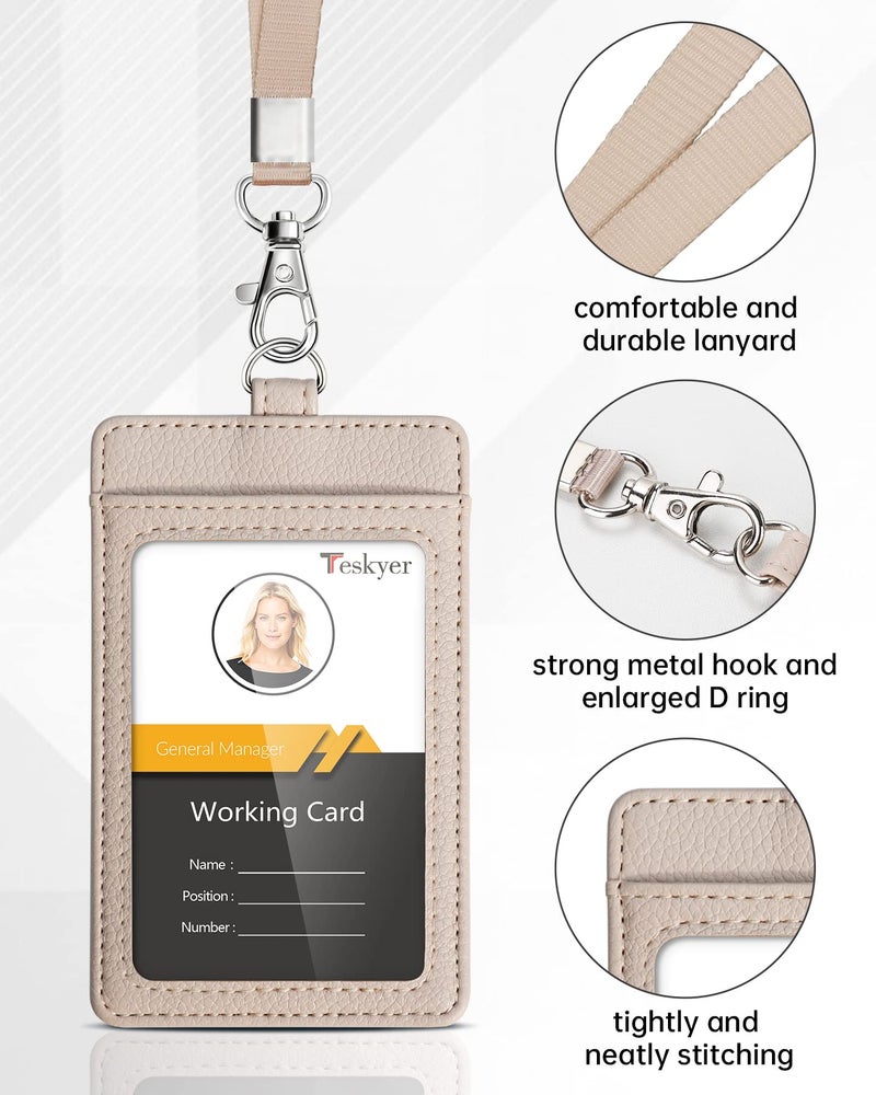 Teskyer Badge Holder with Lanyard, Leather ID Name Badge Card Holder with Lanyard for ID Badges, Vertical, Lychee Pattern Beige - Image 3