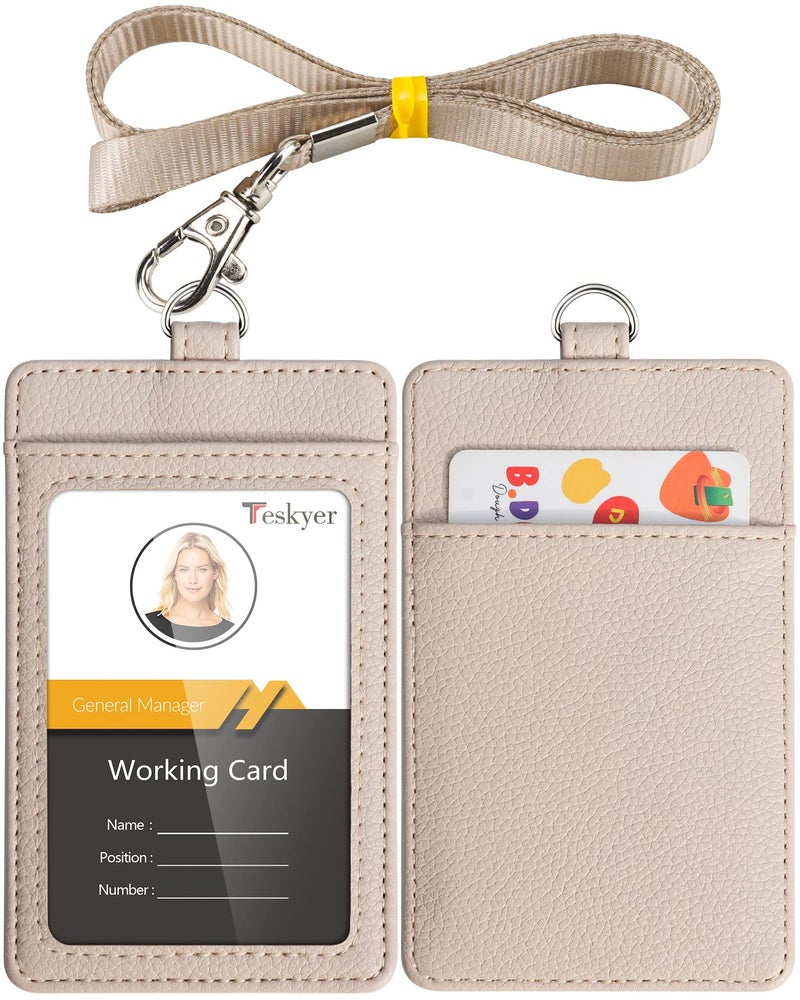 Teskyer Badge Holder with Lanyard, Leather ID Name Badge Card Holder with Lanyard for ID Badges, Vertical, Lychee Pattern Beige - Image 1