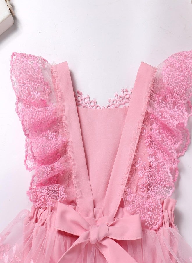 AWIBMK Baby Girl 1st Birthday Outfit Cake Smash Ruffle Sleeve V-Back Embroidery Flower Boho Lace Tulle Tutu Romper Dress Pink 9-12 Months - Image 5