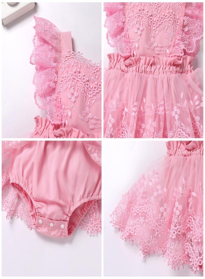 AWIBMK Baby Girl 1st Birthday Outfit Cake Smash Ruffle Sleeve V-Back Embroidery Flower Boho Lace Tulle Tutu Romper Dress Pink 9-12 Months - Image 3