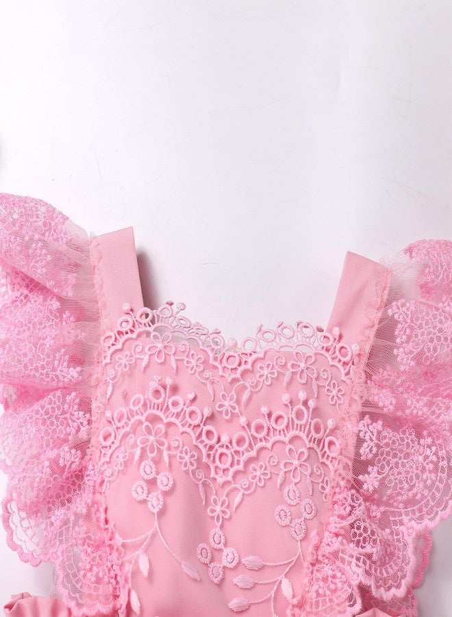AWIBMK Baby Girl 1st Birthday Outfit Cake Smash Ruffle Sleeve V-Back Embroidery Flower Boho Lace Tulle Tutu Romper Dress Pink 9-12 Months - Image 4