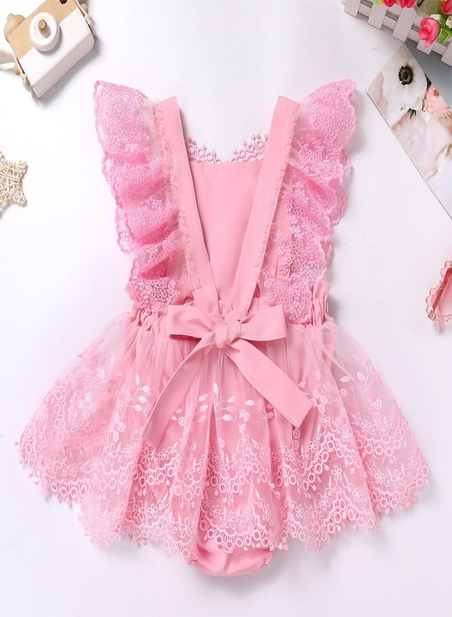 AWIBMK Baby Girl 1st Birthday Outfit Cake Smash Ruffle Sleeve V-Back Embroidery Flower Boho Lace Tulle Tutu Romper Dress Pink 9-12 Months - Image 2