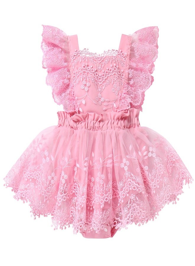 AWIBMK Baby Girl 1st Birthday Outfit Cake Smash Ruffle Sleeve V-Back Embroidery Flower Boho Lace Tulle Tutu Romper Dress Pink 9-12 Months - Image 1