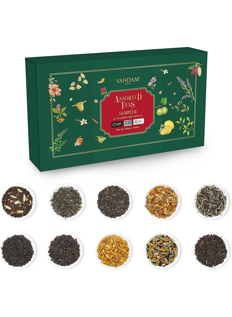 VAHDAM, Assorted Loose Leaf Tea Gift Set (10 Flavors, 100 gm) Gift Ideas for Women & Men | Herbal Tea, Green Tea, Chai Tea & Black Tea Sampler| Non-GMO, Gluten Free | Gifts for Him/Her
