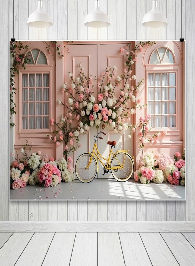 Leowefowa 10x8ft Spring Pink Flowers Backdrop Pink Floral Window Wedding Ceremony Anniversary Background Romantic Flower Shop Arch Bicycle Wedding Girl Party Banner Decor Photo Supplies Prop - Image 2