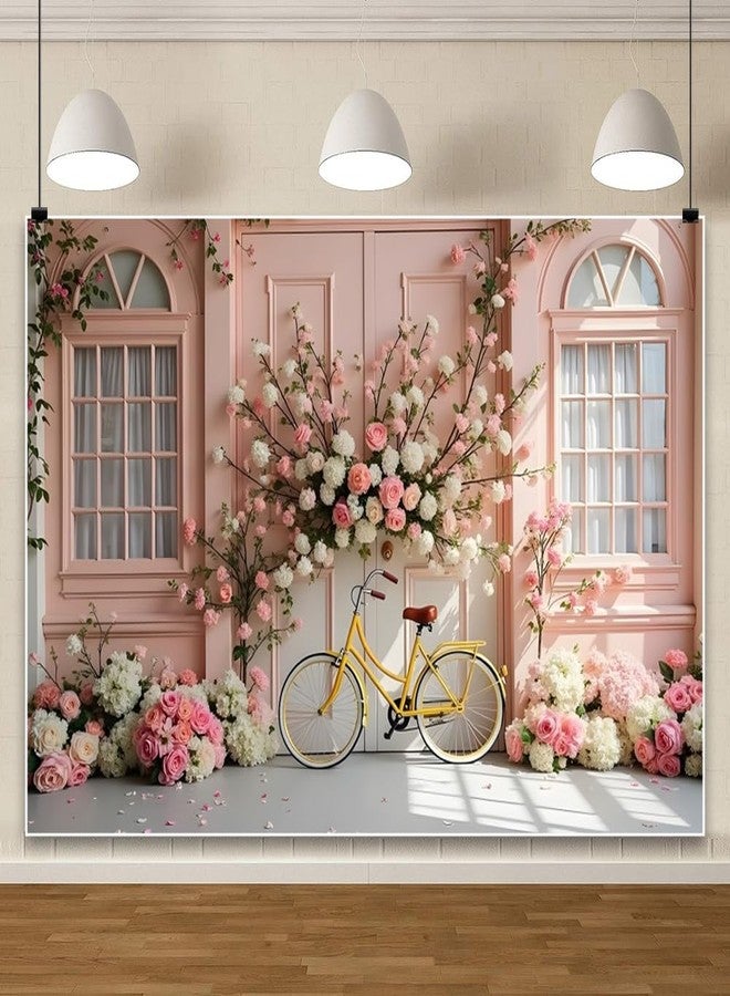 Leowefowa 10x8ft Spring Pink Flowers Backdrop Pink Floral Window Wedding Ceremony Anniversary Background Romantic Flower Shop Arch Bicycle Wedding Girl Party Banner Decor Photo Supplies Prop - Image 3