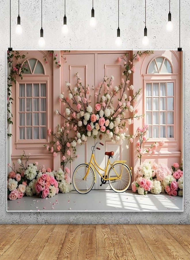 Leowefowa 10x8ft Spring Pink Flowers Backdrop Pink Floral Window Wedding Ceremony Anniversary Background Romantic Flower Shop Arch Bicycle Wedding Girl Party Banner Decor Photo Supplies Prop - Image 1