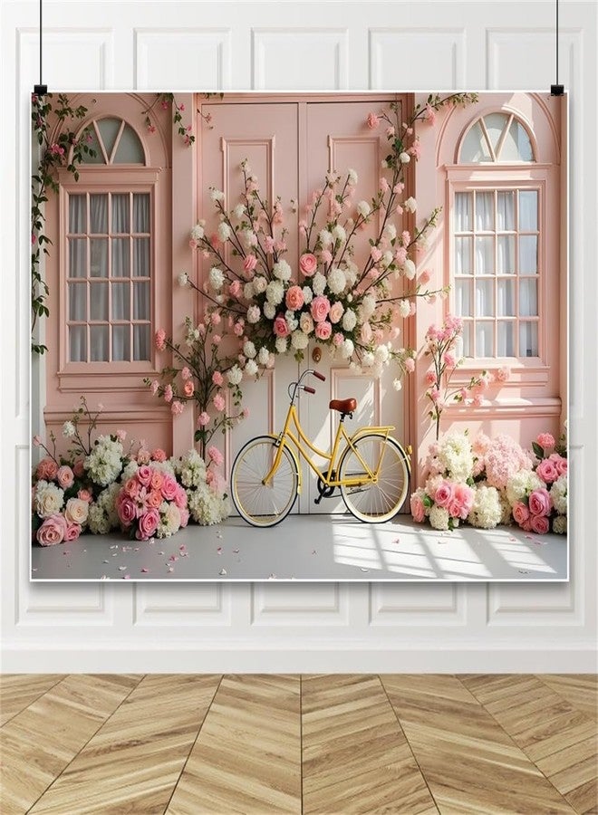 Leowefowa 10x8ft Spring Pink Flowers Backdrop Pink Floral Window Wedding Ceremony Anniversary Background Romantic Flower Shop Arch Bicycle Wedding Girl Party Banner Decor Photo Supplies Prop - Image 5