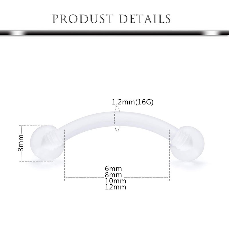 Hoeudjo Clear Flexible Curved Eyebrow Ring Piercing Retainer Cartilage Tragus Barbell Bioplast Retainers for Work 16 Pieces 16G - Image 4