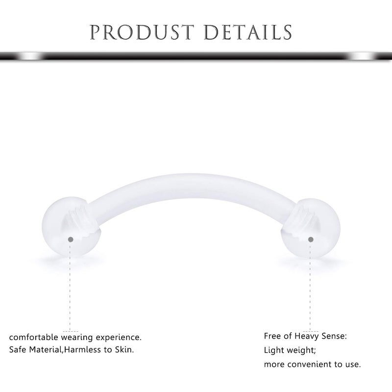 Hoeudjo Clear Flexible Curved Eyebrow Ring Piercing Retainer Cartilage Tragus Barbell Bioplast Retainers for Work 16 Pieces 16G - Image 3