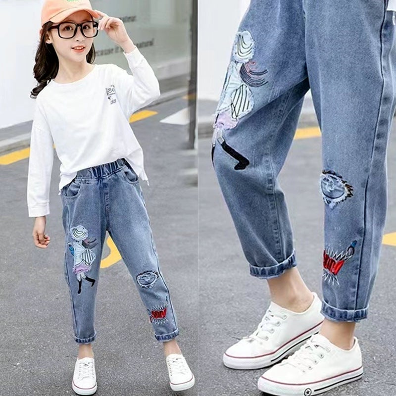 Children'S Clothing Girls' Jeans Large Children'S Wide Leg Pants Baby Casual Western Style Pants - Image 2