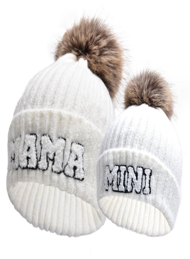 ZUYYON 2 Pcs Parent-Child Beanie Hats Mama and Mini Embroidery Knitted Hats Winter Warm Cuffed Ski Cap with Pom Pom(White) - Image 1