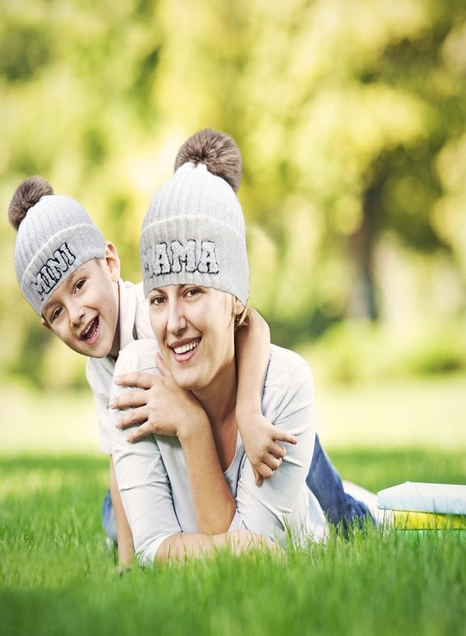 ZUYYON 2 Pcs Parent-Child Beanie Hats Mama and Mini Embroidery Knitted Hats Winter Warm Cuffed Ski Cap with Pom Pom(White) - Image 3