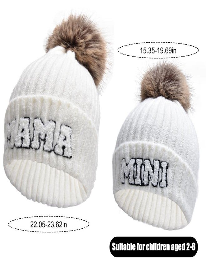 ZUYYON 2 Pcs Parent-Child Beanie Hats Mama and Mini Embroidery Knitted Hats Winter Warm Cuffed Ski Cap with Pom Pom(White) - Image 2