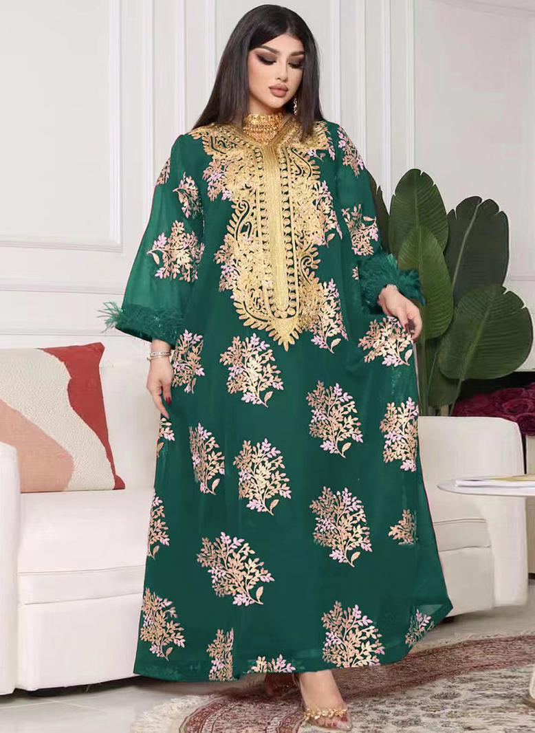 FridayIn Charming banquet style Round neck Printing Embroidery Regular sleeve Kaftan Green - Image 1