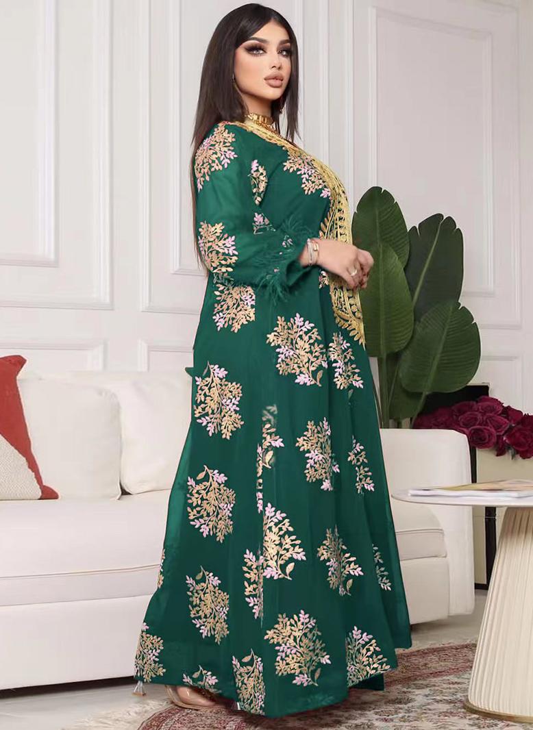 FridayIn Charming banquet style Round neck Printing Embroidery Regular sleeve Kaftan Green - Image 2