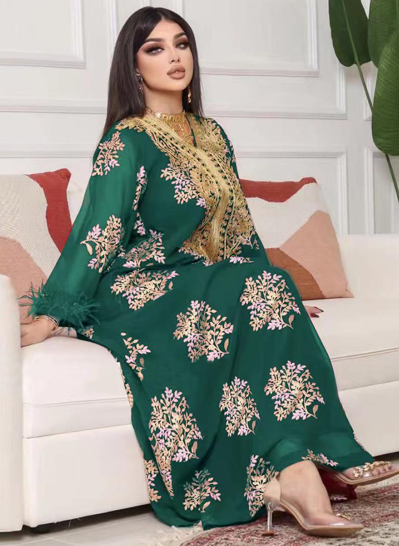 FridayIn Charming banquet style Round neck Printing Embroidery Regular sleeve Kaftan Green - Image 4