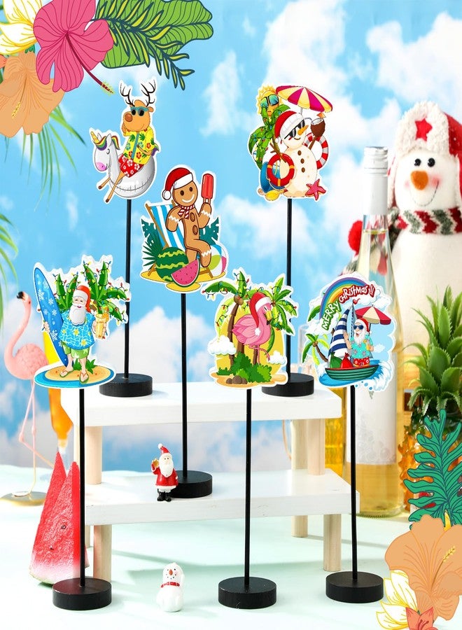 DoubleFill مجموعة ديكور طاولة عيد الميلاد من دبل فيل، 6 قطع، لافتات خشبية، ديكور هاواي، قطع مركزية للطاولة، سانتا، فلامنجو، شجرة نخيل، ديكور طاولة لحفلات الشاطئ، ديكور للمنزل والمكتب وغرفة الجلوس - Image 3