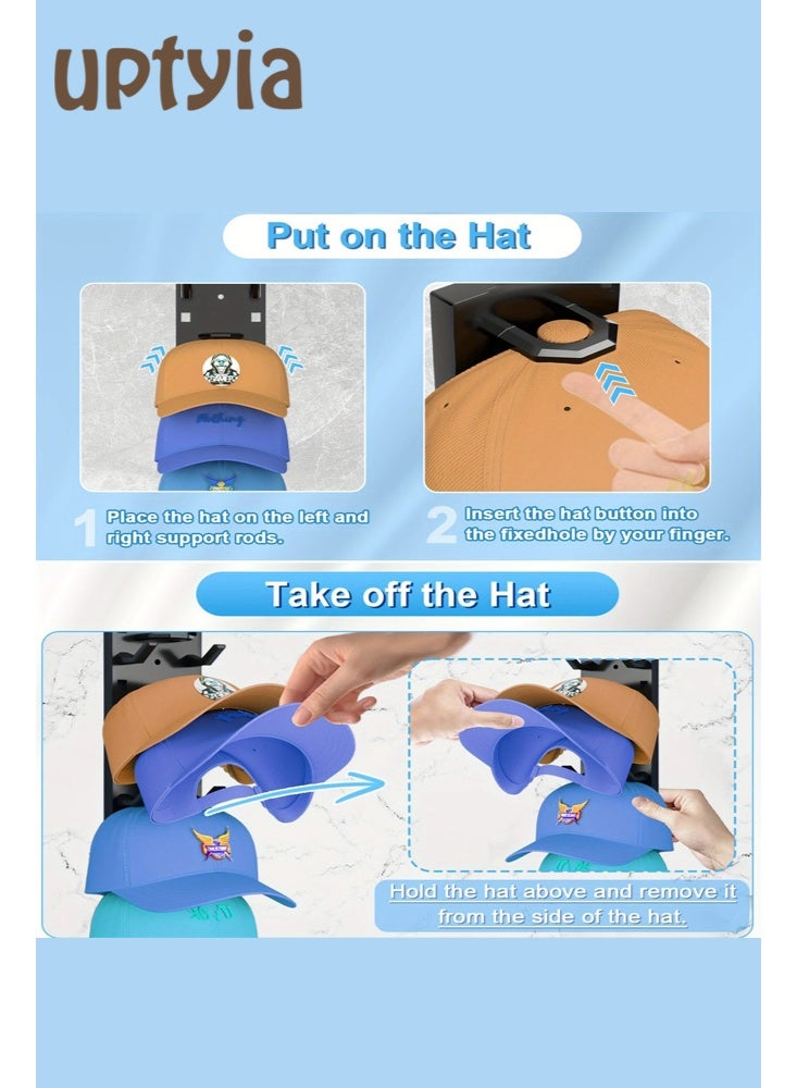 أوبتيا حامل قبعات، منظم قبعات بيسبول 2 قطعة، حامل قبعات للجدار مع لاصق قوي يتحمل حتى 18 قبعة، حامل قبعات للباب أو الخزانة، منظم قبعات متعدد الطبقات مع خيارين للتثبيت (أسود) - Image 2