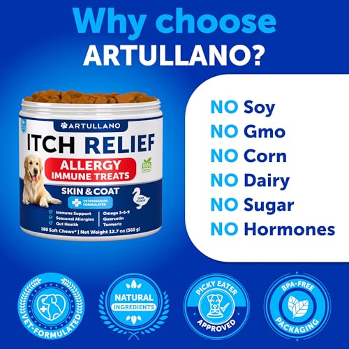 Artullano Dog Allergy Relief Chews - Itching Skin Relief for Dogs - 180 Soft Treats - Fish Oil - Omega 3 - Seasonal Allergies Pills - Skin & Coat, Anti Itch,Hot Spots Treatment - Canine Immune Health Supplement - Image 5