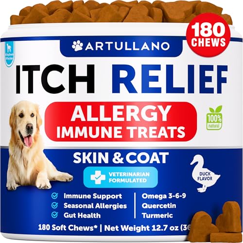 Artullano Dog Allergy Relief Chews - Itching Skin Relief for Dogs - 180 Soft Treats - Fish Oil - Omega 3 - Seasonal Allergies Pills - Skin & Coat, Anti Itch,Hot Spots Treatment - Canine Immune Health Supplement - Image 1