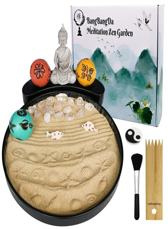 BangBangDa Japanese Meditation Buddha Zen Garden Kit - Tabletop Crystal Rock Sand Garden for Desk Sandbox w/Zen Rake Stamp Spheres Accessories Tools Healing Stone Office Relaxation Decor Gift - Image 1