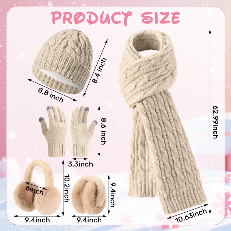 Velmitten 16 Pcs Women Hat Scarf Gloves Ear Muffs Set Winter Knitted Pom Beanie Hats Scarf Touch Screen Gloves for Men Adult Homeless(Black, Beige, Pink, Gray,Without Pompom,Plush,Classic) - Image 2