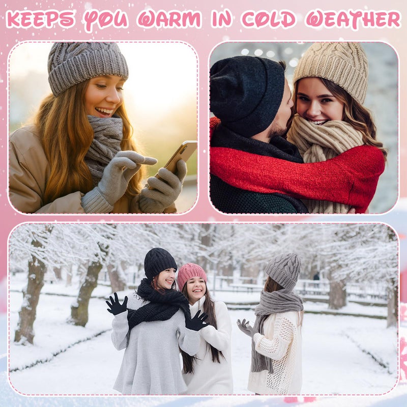 Velmitten 16 Pcs Women Hat Scarf Gloves Ear Muffs Set Winter Knitted Pom Beanie Hats Scarf Touch Screen Gloves for Men Adult Homeless(Black, Beige, Pink, Gray,Without Pompom,Plush,Classic) - Image 5