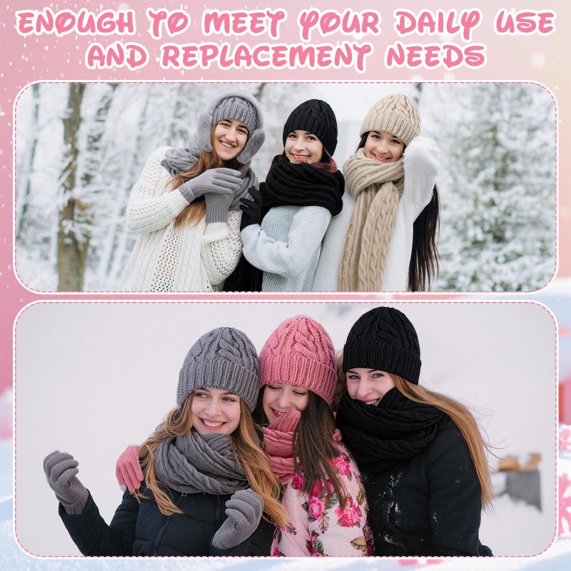 Velmitten 16 Pcs Women Hat Scarf Gloves Ear Muffs Set Winter Knitted Pom Beanie Hats Scarf Touch Screen Gloves for Men Adult Homeless(Black, Beige, Pink, Gray,Without Pompom,Plush,Classic) - Image 3
