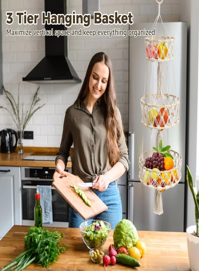 COSYOO 3 Tier Hanging Fruit Basket, Cotton Woven Boho Wall Basket, Hanging Fruit Storage for Kitchen Bedroom Living Room, Decorative Bohemia Decor Hanging Plant Holder - Image 2