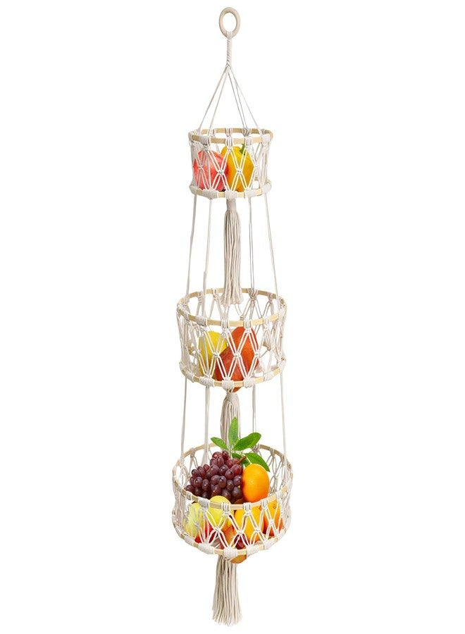 COSYOO 3 Tier Hanging Fruit Basket, Cotton Woven Boho Wall Basket, Hanging Fruit Storage for Kitchen Bedroom Living Room, Decorative Bohemia Decor Hanging Plant Holder - Image 1