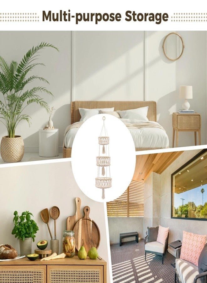 COSYOO 3 Tier Hanging Fruit Basket, Cotton Woven Boho Wall Basket, Hanging Fruit Storage for Kitchen Bedroom Living Room, Decorative Bohemia Decor Hanging Plant Holder - Image 5