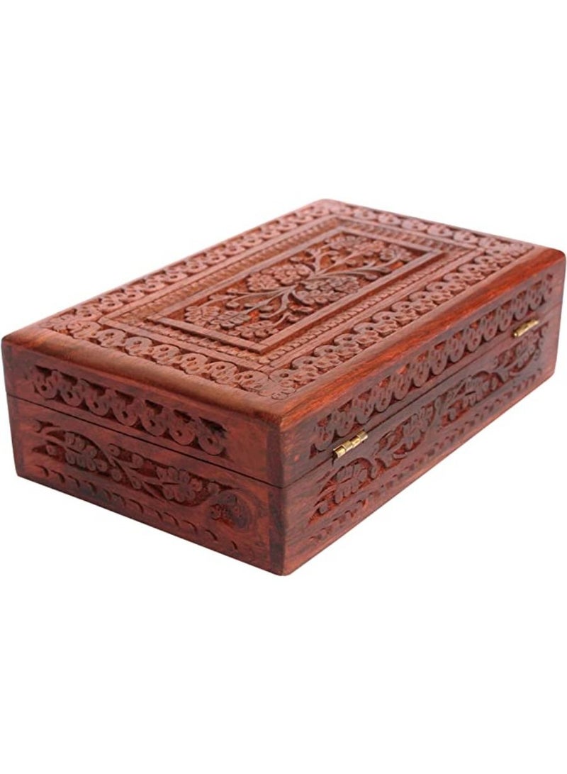 QUESERA Handmade Wooden Keepsake Storage Case Jewelry Box Jewel Organizer Floral Hand Carvings with Brass Inlay Gifts for Women - Image 4