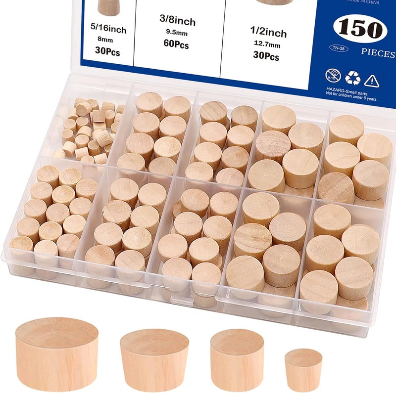 Tnisesm 150 Pieces 4 Sizes Wood Plugs 3/16 Inch, 5/16 Inch, 3/8 Inch, 1/2 Inch Wooden Hole Plugs Button Plugs Hardwood Hole Plugs for Holes in Locking Hole Tube Furniture - Image 1