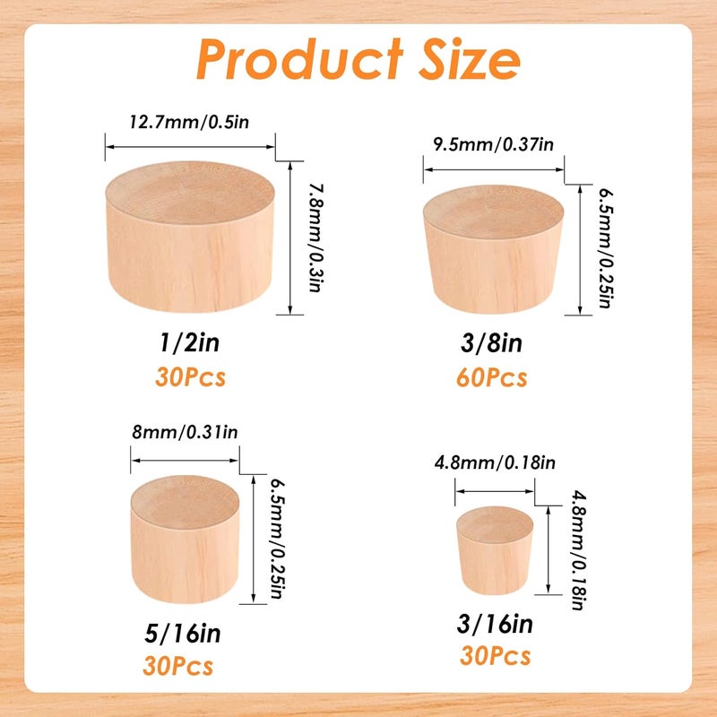 Tnisesm 150 Pieces 4 Sizes Wood Plugs 3/16 Inch, 5/16 Inch, 3/8 Inch, 1/2 Inch Wooden Hole Plugs Button Plugs Hardwood Hole Plugs for Holes in Locking Hole Tube Furniture - Image 2