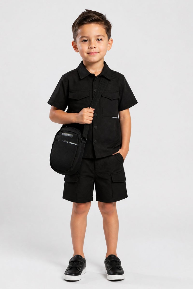 Fudo Kids Boy 3 Pieces Plain Shirt And Shorts With Bag Set, Black - Image 1