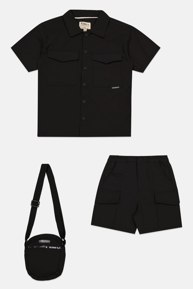 Fudo Kids Boy 3 Pieces Plain Shirt And Shorts With Bag Set, Black - Image 2