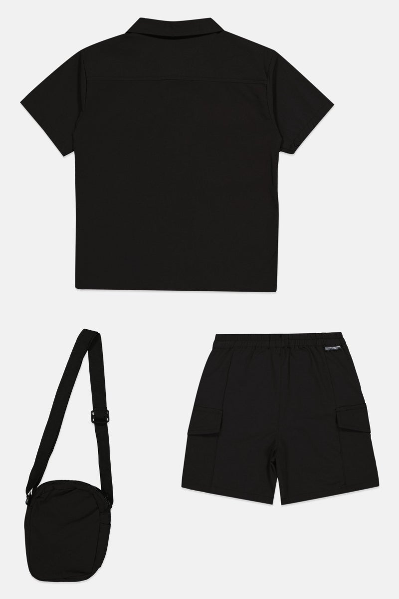 Fudo Kids Boy 3 Pieces Plain Shirt And Shorts With Bag Set, Black - Image 3